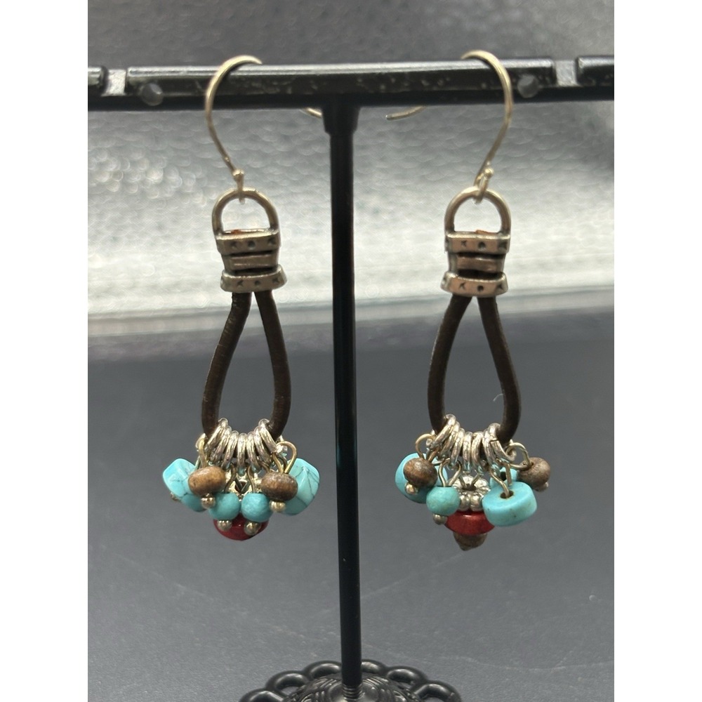 Vintage Sterling Silver Leather Turquoise Jasper Dangle Earrings F1